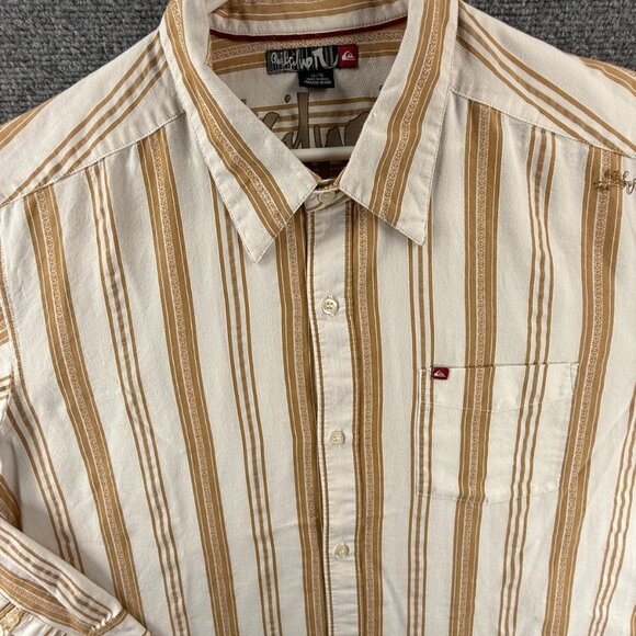 Quiksilver Point XL Striped Cotton Polyester Beige Button Up Pocket Casual Men - Picture 1 of 16